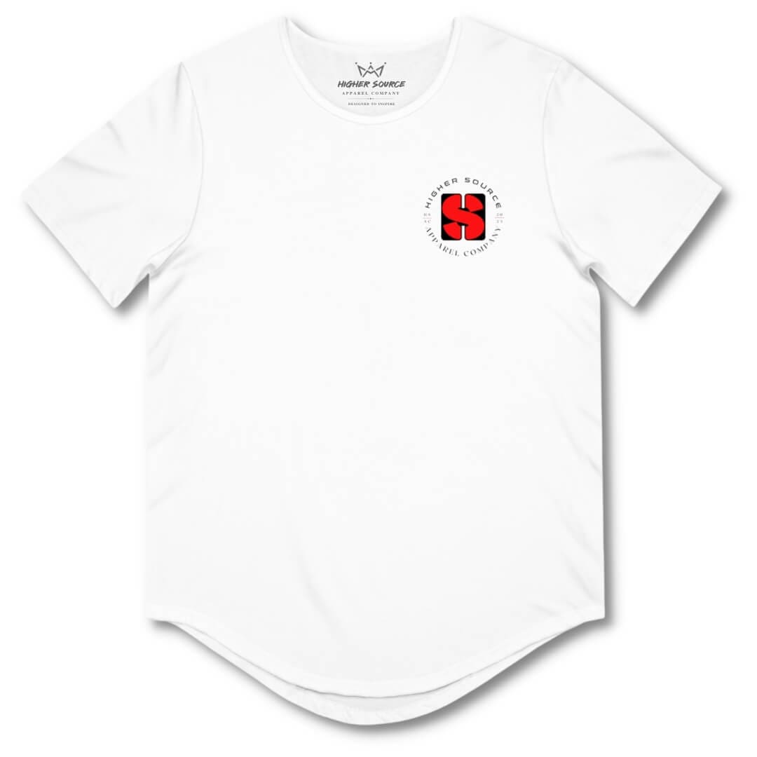 Front side of a white higher source apparel curved hem t shirt with the higher source logo in vivid red with black font. 
