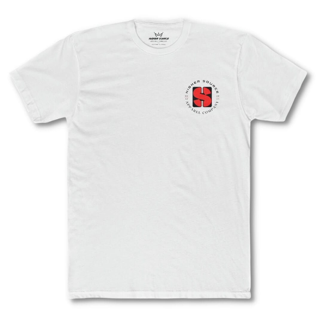 Front side of a white t shirt with the higher source apparel logo in vivid red and black font.