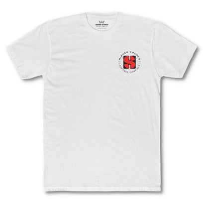Front side of a white t shirt with the higher source apparel logo in vivid red and black font.