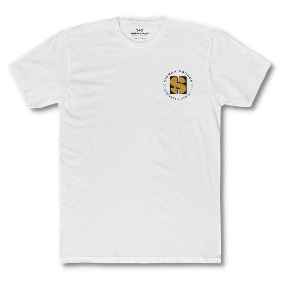 Front side of a white higher source apparel t shirt with the higher source logo in gold with black font.