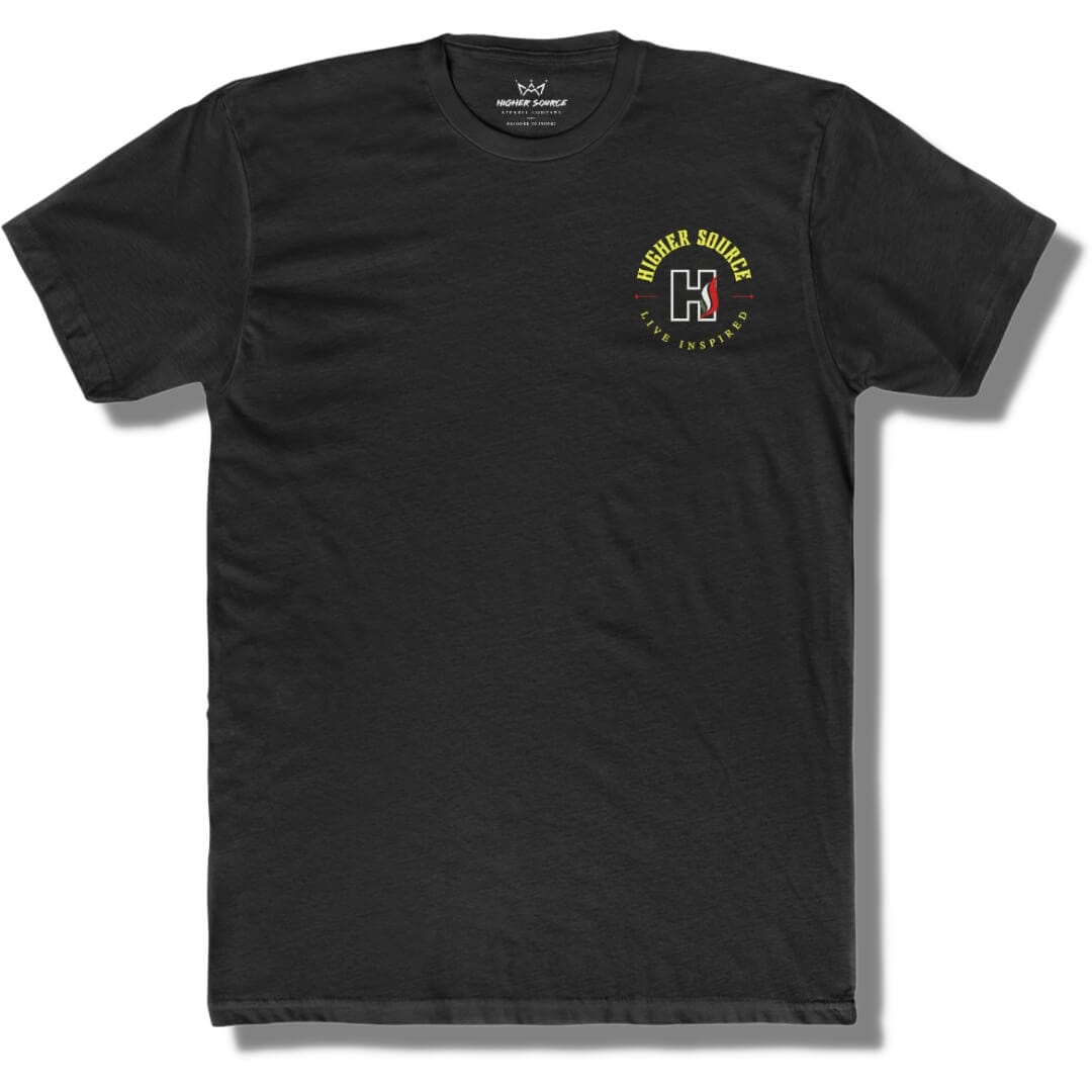 Front side of a black t shirt with a circular higher source logo. The font is in the color maximum yellow.
