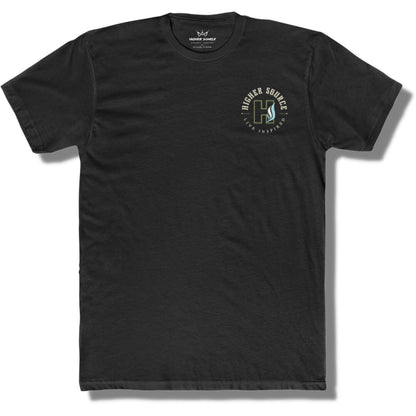 Front side of a black t shirt with a circular higher source logo. The font is in the color mustard green.