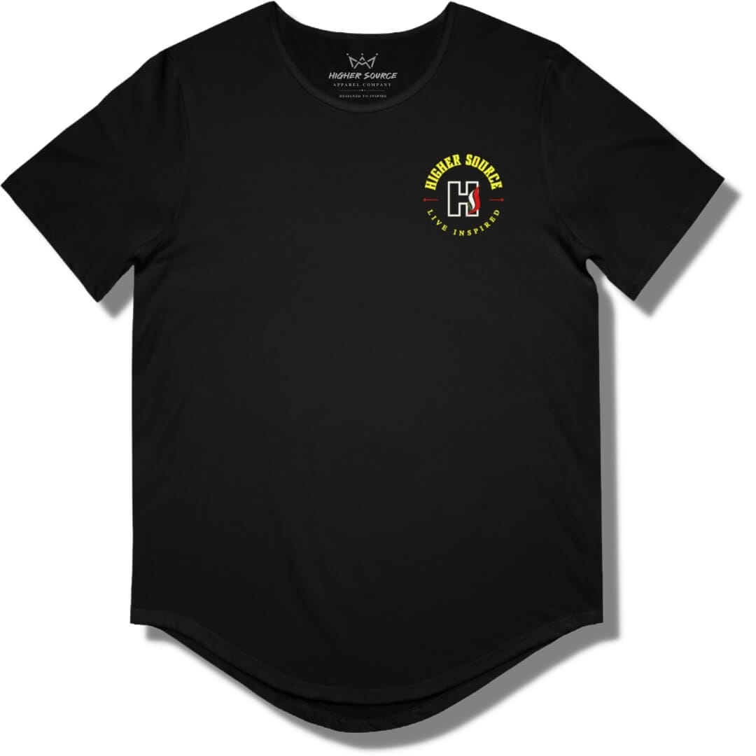 Front side of a black curved hem t shirt with a circular higher source logo. The font is in maximum yellow and the H logo is in off white.