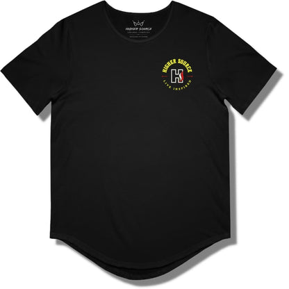 Front side of a black curved hem t shirt with a circular higher source logo. The font is in maximum yellow and the H logo is in off white.