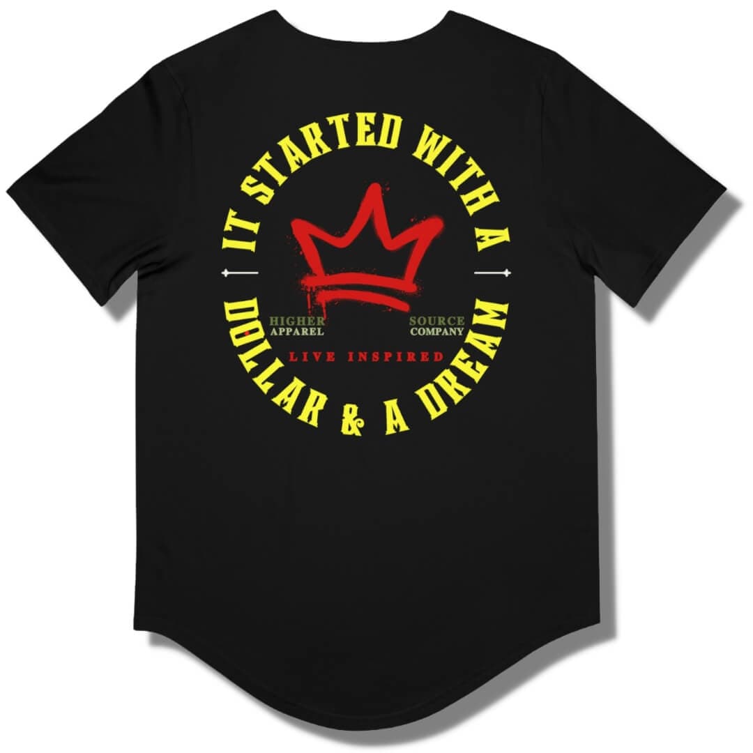 Back side of a black curved hem t shirt with a circular logo that says it started with a dollar and a dream in maximum yellow. There is a red crown in the center of the logo and live inspired below.