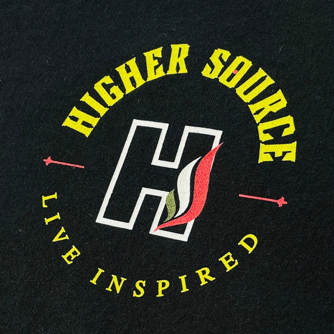 A circular Higher source logo with the letter H and a flame in the center. Live Inspired is written in maximum yellow font.