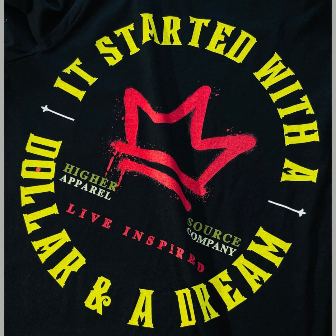 A rosso corsa red crown with higher source apparel company in sage and soldier green font. Live inspired is also in red font.  Higher source logo with the letter H and a flame in the center. Live Inspired is written in maximum yellow font.