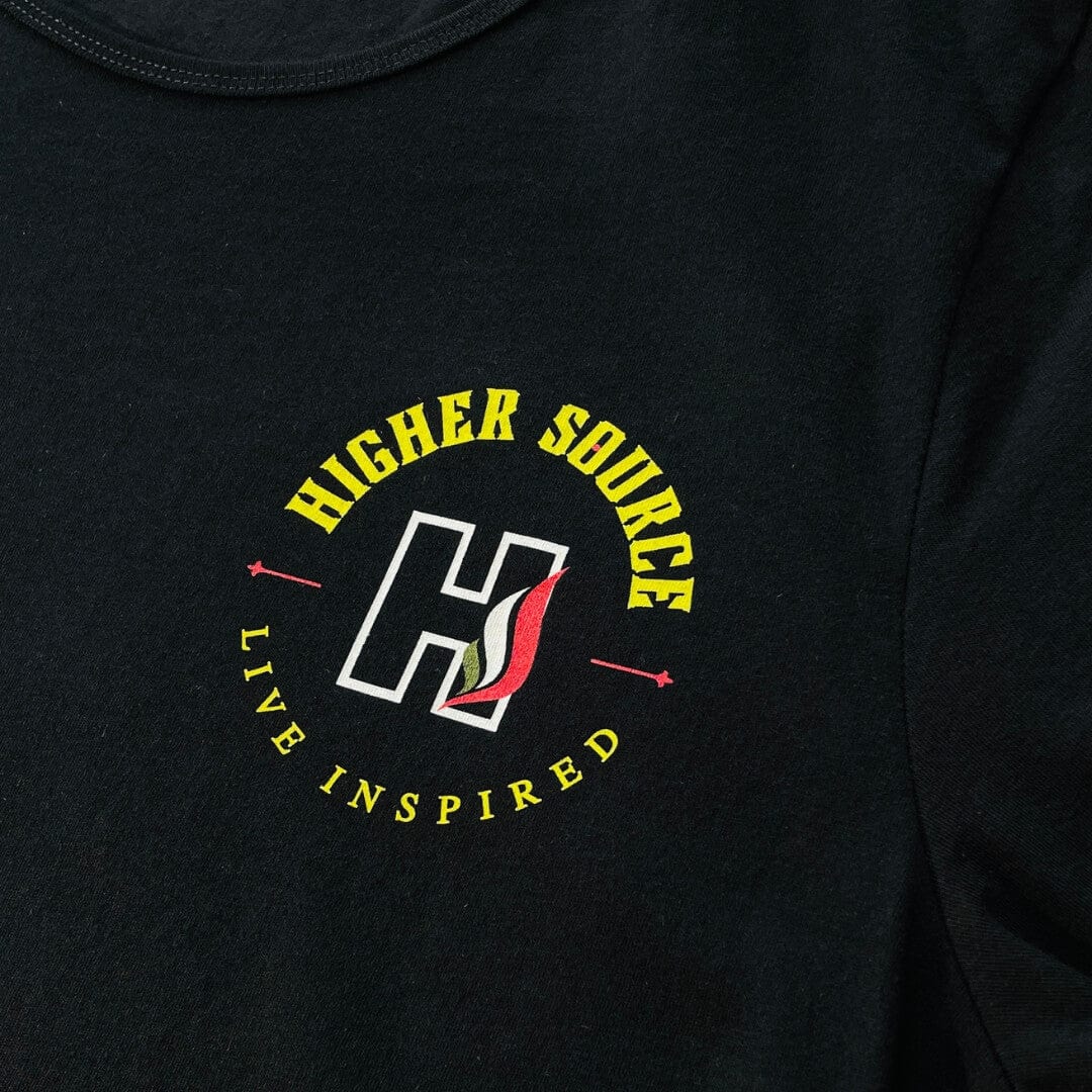 A circular Higher source logo with the letter H and a flame in the center. Live Inspired is written in maximum yellow font.