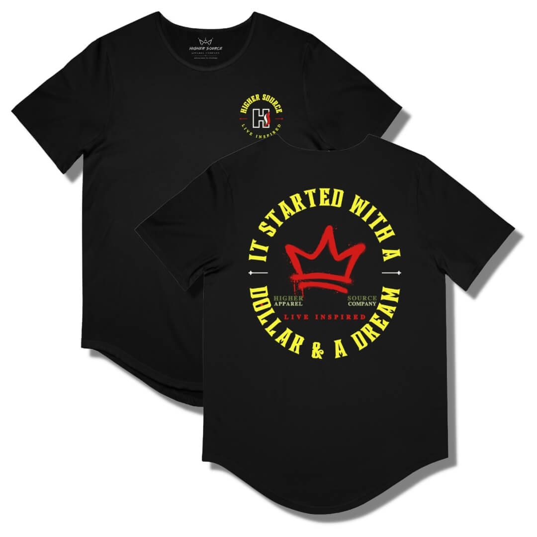 Front and back side of a black curved hem t shirt with a circular logo that says it started with a dollar and a dream in maximum yellow. There is a red crown in the center of the logo and live inspired below.
