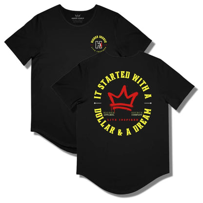 Front and back side of a black curved hem t shirt with a circular logo that says it started with a dollar and a dream in maximum yellow. There is a red crown in the center of the logo and live inspired below.