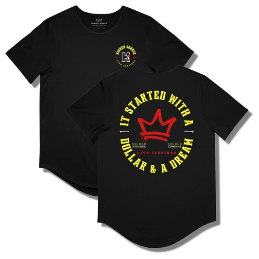 Front and back side of a black curved hem t shirt with a circular logo that says it started with a dollar and a dream in maximum yellow. There is a red crown in the center of the logo and live inspired below.