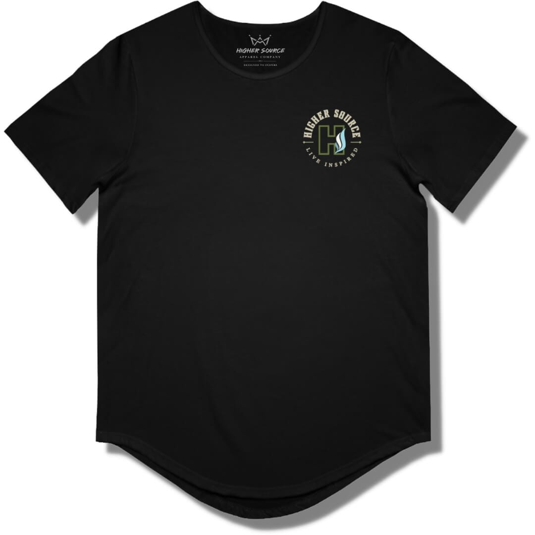 Front side of a black curved hem t shirt with a circular higher source logo. The font is in pastel grey and the H logo is in mustard green.