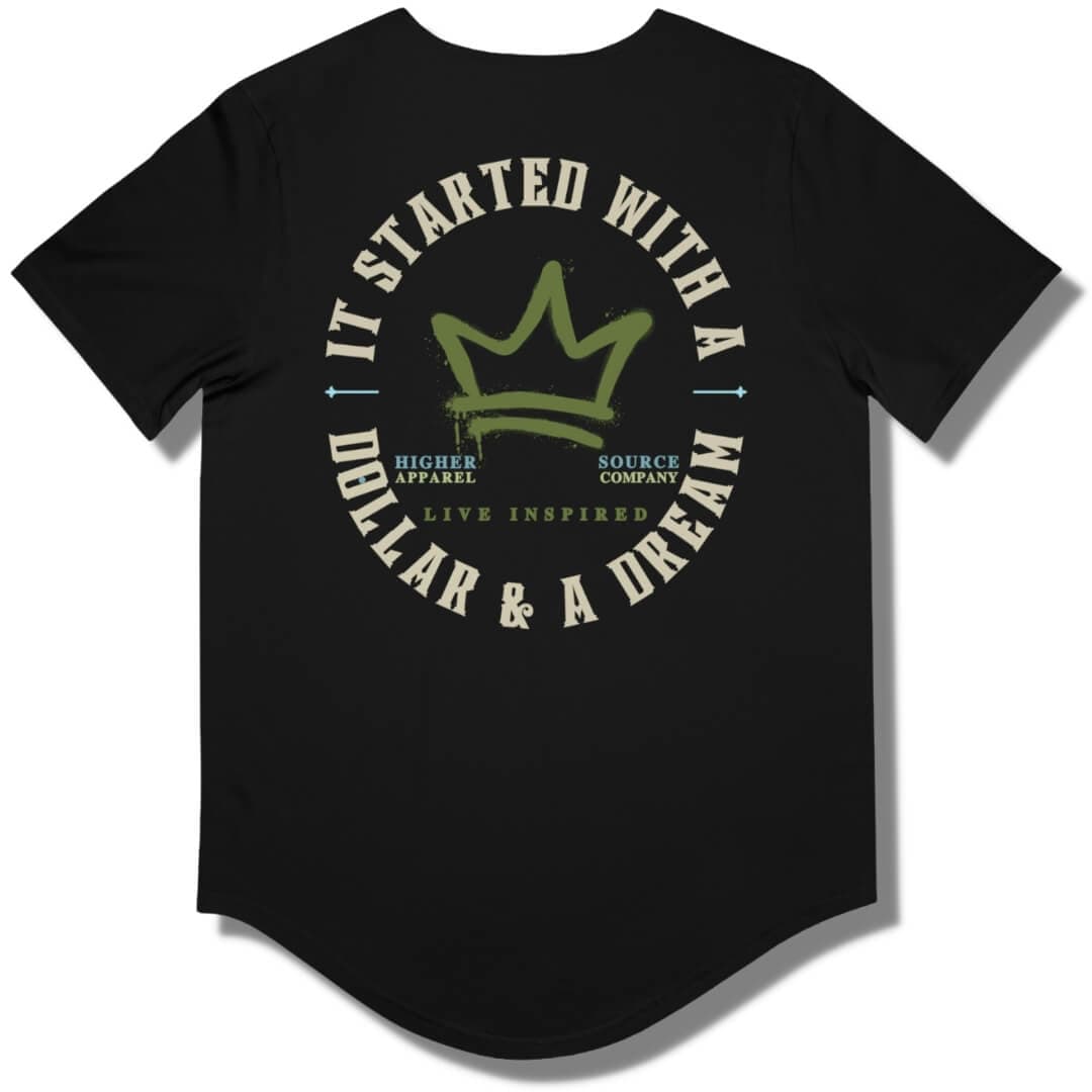 Back side of a black curved hem t shirt with a circular logo that says it started with a dollar and a dream in pastel grey. There is a mustard green crown in the center of the logo and live inspired below.