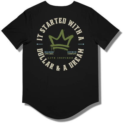 Back side of a black curved hem t shirt with a circular logo that says it started with a dollar and a dream in pastel grey. There is a mustard green crown in the center of the logo and live inspired below.