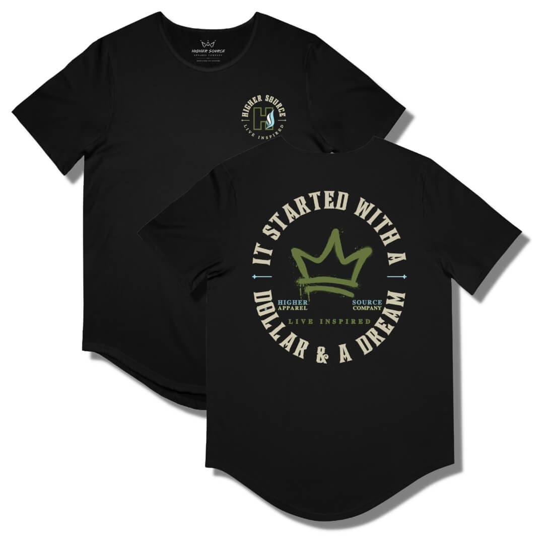 Front and back side of a black curved hem t shirt with a circular logo that says it started with a dollar and a dream in pastel grey. There is a mustard green crown in the center of the logo and live inspired below.