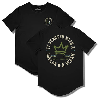 Front and back side of a black curved hem t shirt with a circular logo that says it started with a dollar and a dream in pastel grey. There is a mustard green crown in the center of the logo and live inspired below.