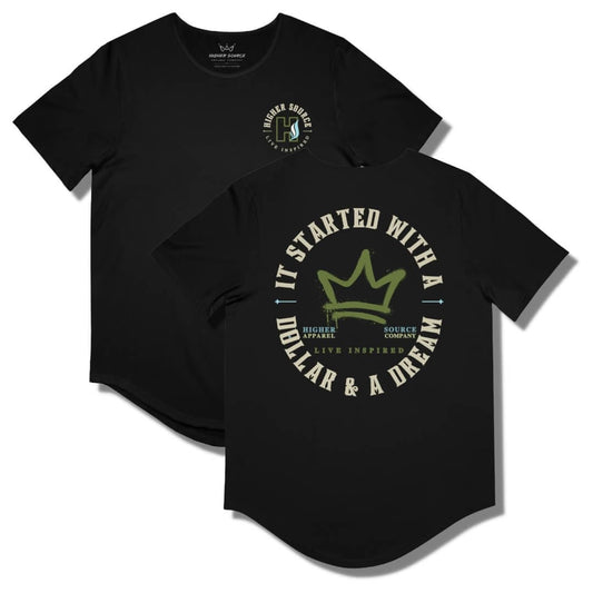 Front and back side of a black curved hem t shirt with a circular logo that says it started with a dollar and a dream in pastel grey. There is a mustard green crown in the center of the logo and live inspired below.