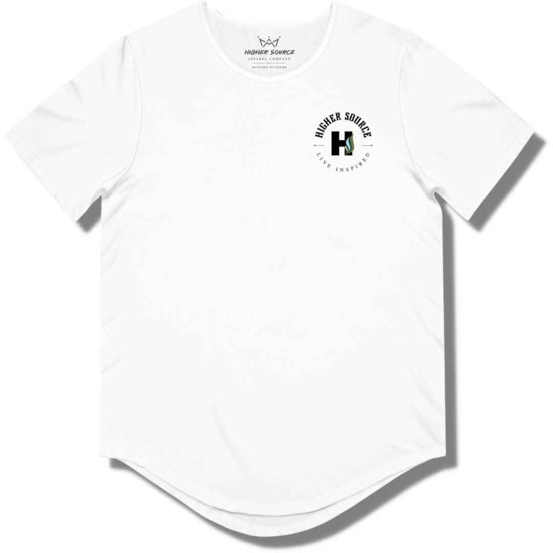 Front side of a white curved hem t shirt with a circular higher source logo. The font is in black.