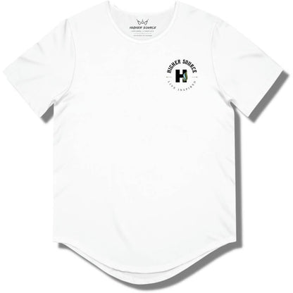 Front side of a white curved hem t shirt with a circular higher source logo. The font is in black.