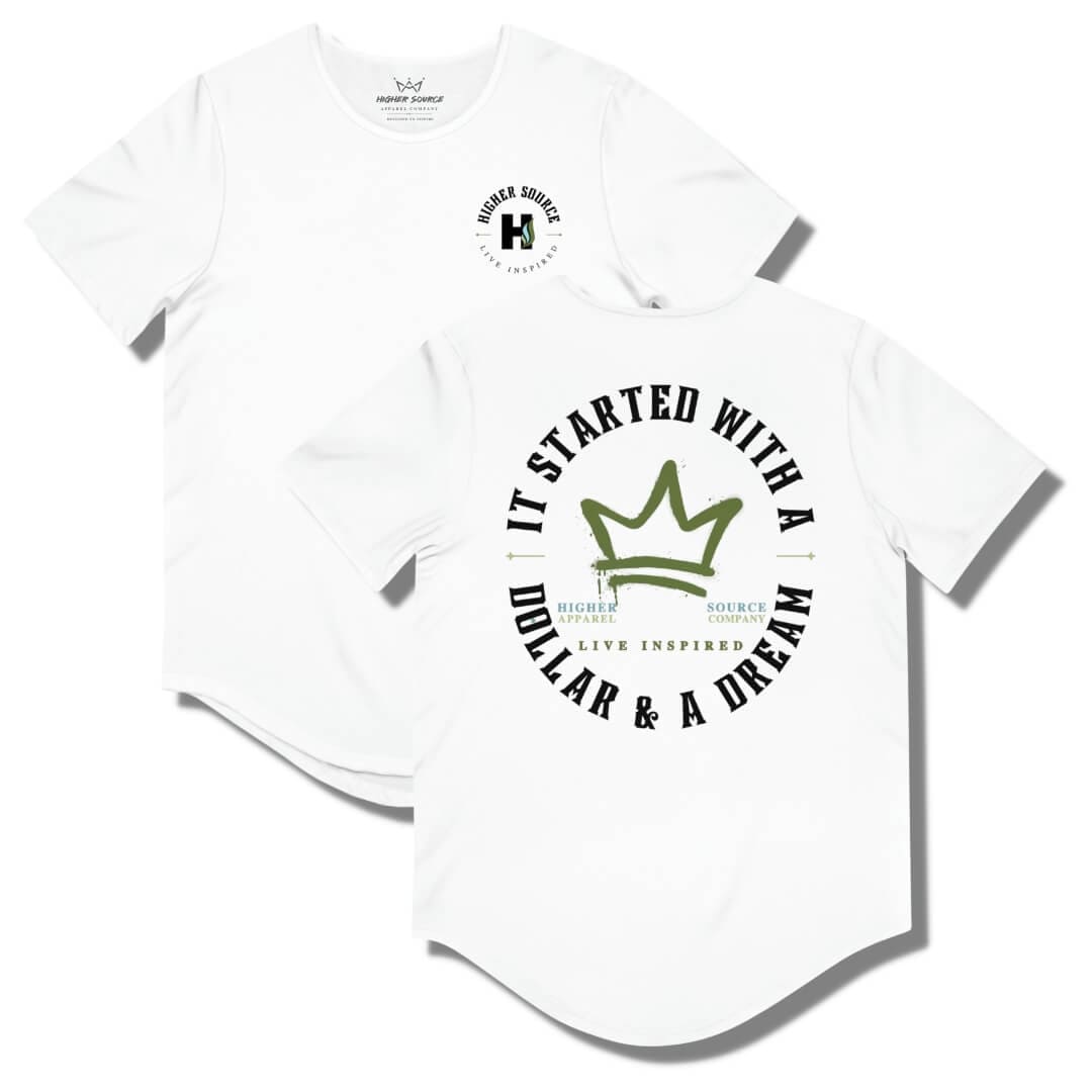 Front and back side of a white curved hem t shirt with a circular logo that says it started with a dollar and a dream in black. There is a mustard green crown in the center of the logo and live inspired below.
