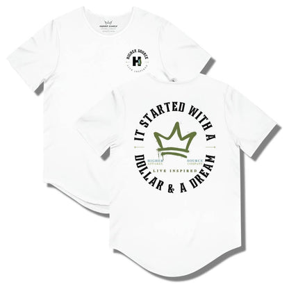 Front and back side of a white curved hem t shirt with a circular logo that says it started with a dollar and a dream in black. There is a mustard green crown in the center of the logo and live inspired below.