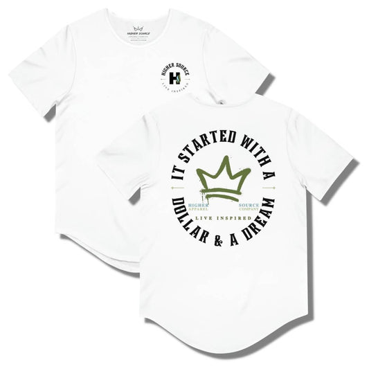 Front and back side of a white curved hem t shirt with a circular logo that says it started with a dollar and a dream in black. There is a mustard green crown in the center of the logo and live inspired below.