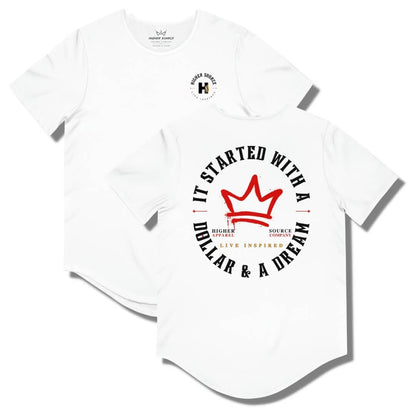 Front and back side of a white curved hem t shirt with a circular logo that says it started with a dollar and a dream in black. There is a rosso cross red crown in the center of the logo and live inspired below.