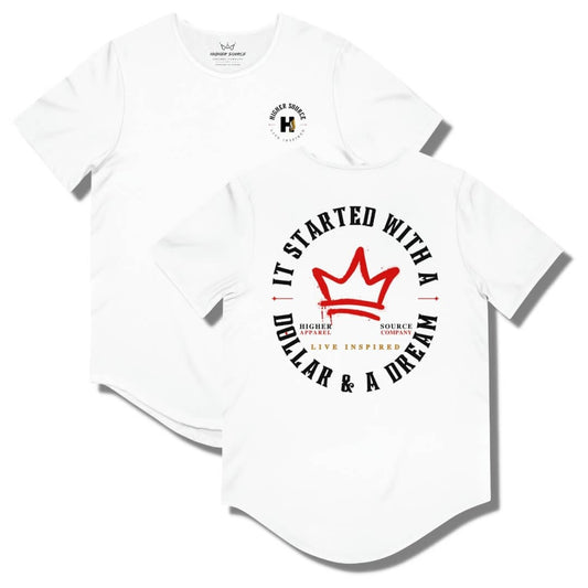 Front and back side of a white curved hem t shirt with a circular logo that says it started with a dollar and a dream in black. There is a rosso cross red crown in the center of the logo and live inspired below.