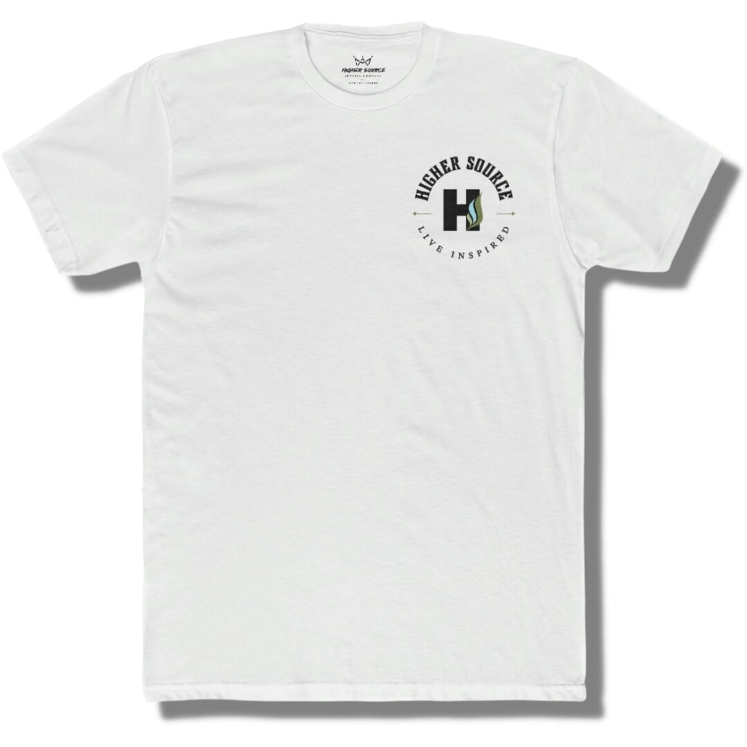 Front side of a white t shirt with a circular higher source logo. The font is in black.