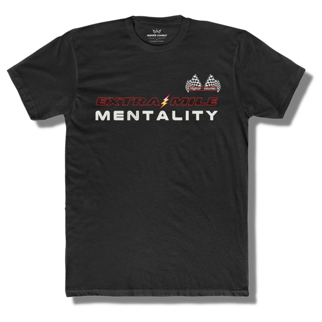 Front side of a black t shirt with “extra mile mentality” in red and white font. A white, red, and yellow lightning bolt separates the word extra and mile. The higher source logo is in the upper left breast area in white font with dual checkered flags.