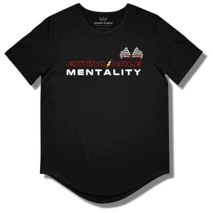 Front side of a black curved hem t shirt with “extra mile mentality” in red and white font. A white, red, and yellow lightning bolt separates the word extra and mile. The higher source logo is in the upper left breast area in white font with dual checkered flags.