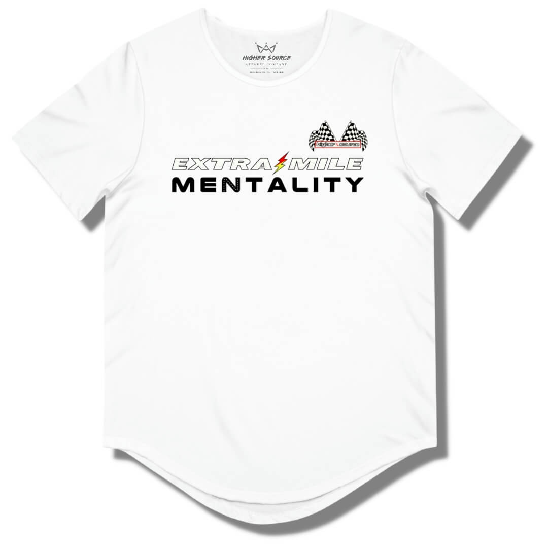 Front side of a white curved hem t shirt with “extra mile mentality” in white and black font. A red and yellow lightning bolt separates the word extra and mile. The higher source logo is in the upper left breast area in black font with dual checkered flags.