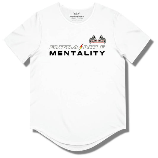 Front side of a white curved hem t shirt with “extra mile mentality” in white and black font. A red and yellow lightning bolt separates the word extra and mile. The higher source logo is in the upper left breast area in black font with dual checkered flags.