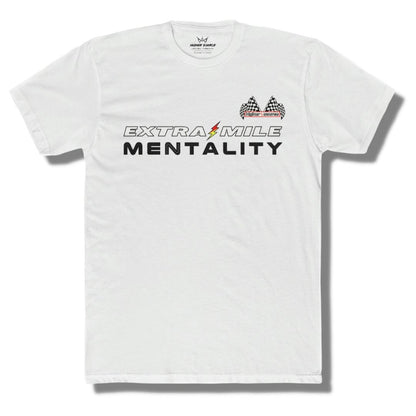 Front side of a white t shirt with “extra mile mentality” in white and black font. A red and yellow lightning bolt separates the word extra and mile. The higher source logo is in the upper left breast area in black font with dual checkered flags.