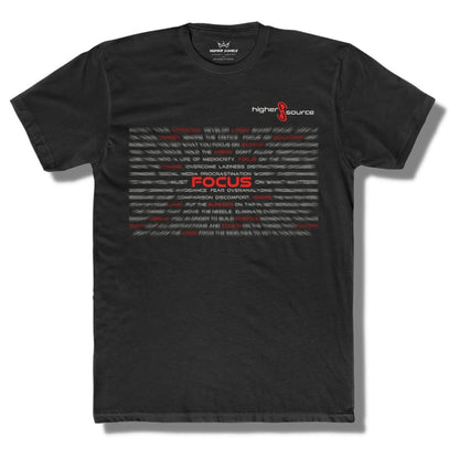Front of black T shirt. Writing is blurred with "Focus" in the center in red font.