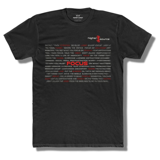 Front of black T shirt. Writing is blurred with "Focus" in the center in red font.