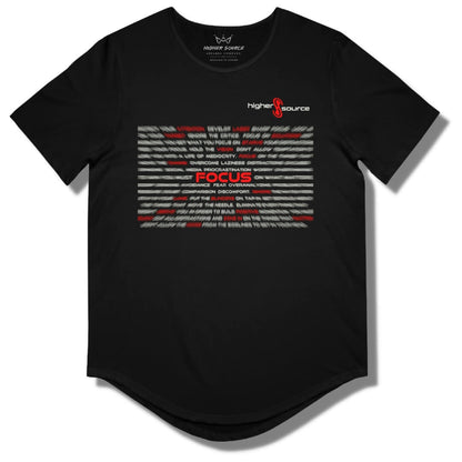 Front side of a black higher source apparel curved hem t shirt.  The words are blurred with "Focus" in the center in red font.