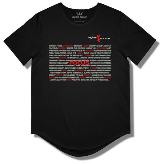 Front side of a black higher source apparel curved hem t shirt.  The words are blurred with "Focus" in the center in red font.