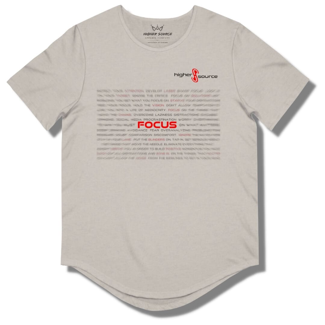 Front side of a cool grey and heather higher source apparel curved hem t shirt with blurred writing and "focus" in the center in red font.