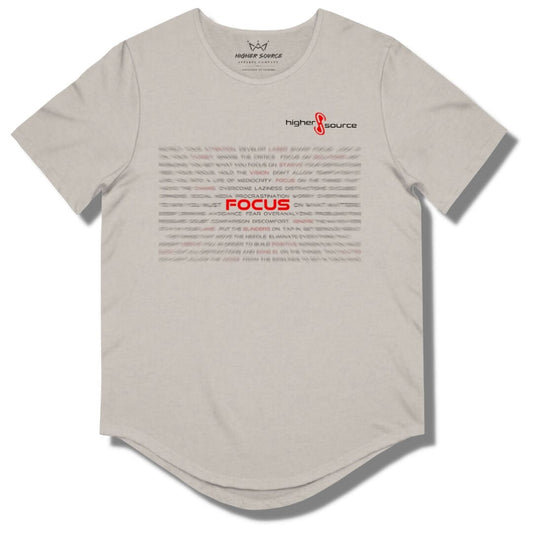 Front side of a cool grey and heather higher source apparel curved hem t shirt with blurred writing and "focus" in the center in red font.