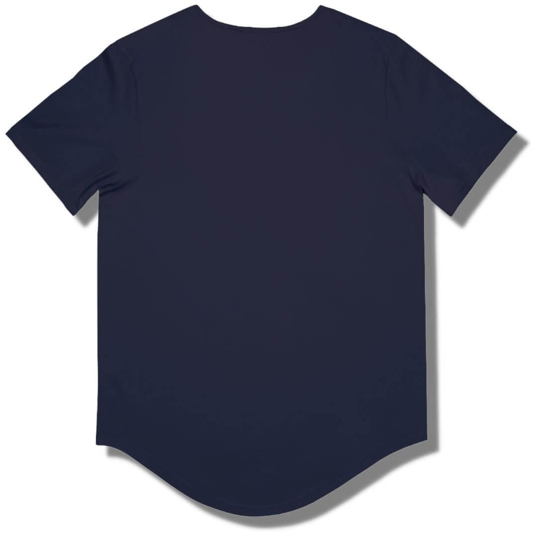 Blank back side of a navy curved hem t shirt