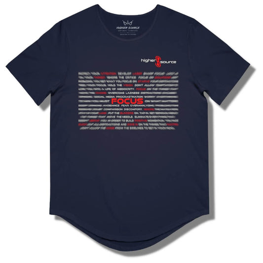 Front side of a navy higher source apparel curved hem t shirt with blurred writing and "focus" in the center in red font