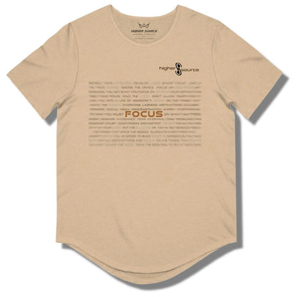 Front side of a sand dune and heather higher source apparel curved hem t shirt with blurred writing and "focus" in the center in brown font.
