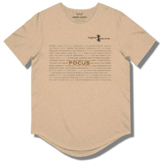 Front side of a sand dune and heather higher source apparel curved hem t shirt with blurred writing and "focus" in the center in brown font.