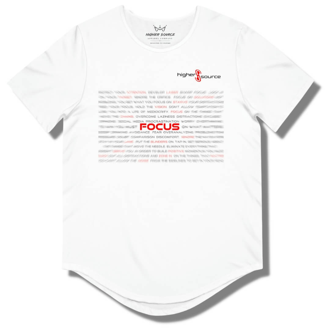 Front side of white higher source apparel curved hem t shirt. The words are blurred with "Focus" in the center in red font.