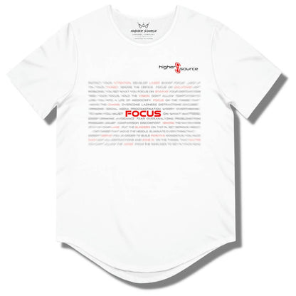 Front side of white higher source apparel curved hem t shirt. The words are blurred with "Focus" in the center in red font.