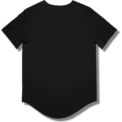 Blank back side of a black curved hem t shirt.