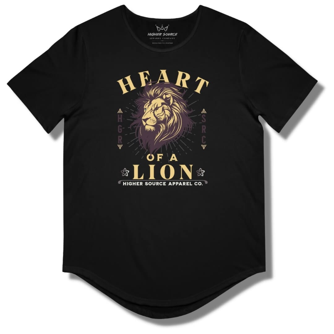 Front side of a black higher source apparel curved hem t shirt with “heart of a lion” in in light brown font. There is an image of a light brown and dark purple lion’s head in the center. Higher source apparel company is printed in white font at the bottom.