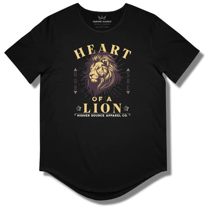 Front side of a black higher source apparel curved hem t shirt with “heart of a lion” in in light brown font. There is an image of a light brown and dark purple lion’s head in the center. Higher source apparel company is printed in white font at the bottom.