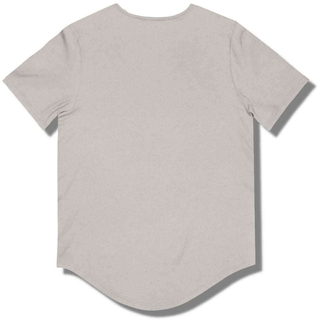 Blank back side of a heather cool grey curved hem t shirt.